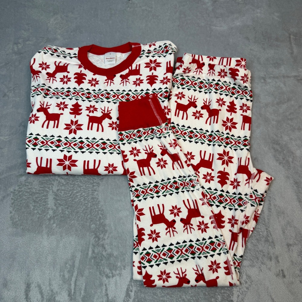 Hanna Andersson Pajama Set Womens XL Red White Reindeer Fair Isle Organic Cotton
